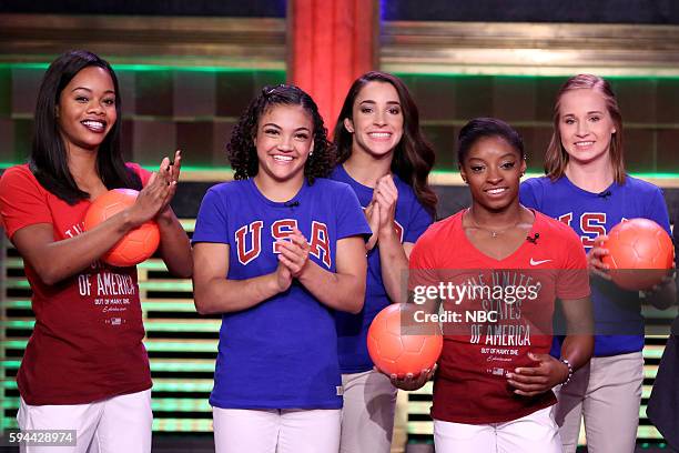 Episode 0518 -- Pictured: Gabby Douglas, Laurie Hernandez, Aly Raisman, Simone Biles, and Madison Kocian of the U.S. Women's gymnastics team play...