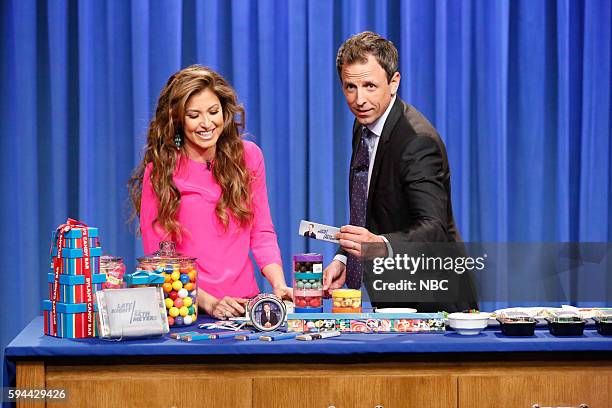 Episode 407 -- Pictured: Candymaker Dylan Lauren with host Seth Meyers on August 23, 2016 --