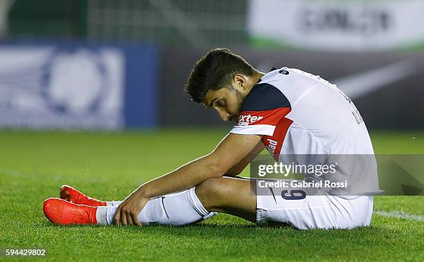 Nicolas Blandi of San Lorenzo reacts during a first leg match between Banfield and San Lorenzo as part of second round of Copa Sudamericana 2016 at...