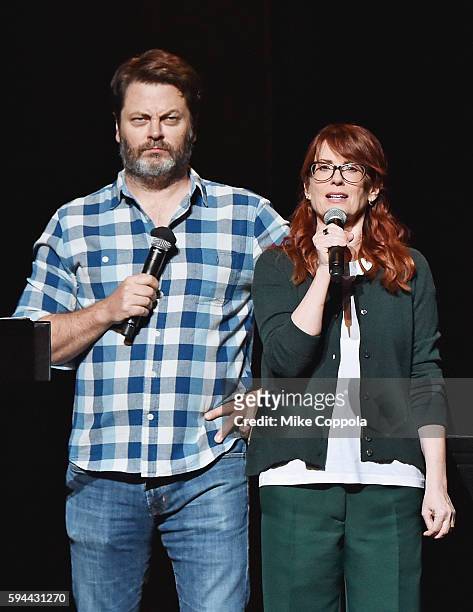 Actors Nick Offerman and wife Megan Mullally perform Summer Of 69: No Apostrophe at Beacon Theatre on August 23, 2016 in New York City.