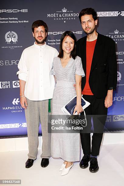 The fashion designers Michael Sontag, Perret Schaad and Vladimir Karaleev attend the Fashion2Night event at EUROPA 2 on August 23, 2016 in Hamburg,...