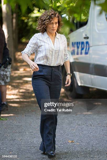 Jennifer Lopez is seen at the film set of "Shades of Blue" in Prospect Park on August 23, 2016 in New York City.