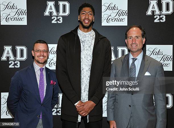 Bill Wynne, Director, Saks Fifth Avenue Brands, Anthony Davis and Tom Ott, SVP GMM Menswear attend Saks Fifth Avenue Beverly Hills launch of the...