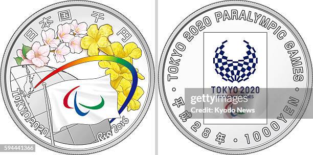 Photo shows the design of a 1,000-yen coin Japan will mint in 2016 to commemorate the handover of the hosting of the Paralympics. The coin depicts...