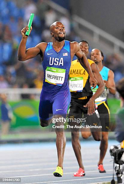 Fourth runner Lashawn Merritt of the United States competes in the Men's 4x400m Relay final on Day 15 of the Rio 2016 Olympic Games at the Olympic...