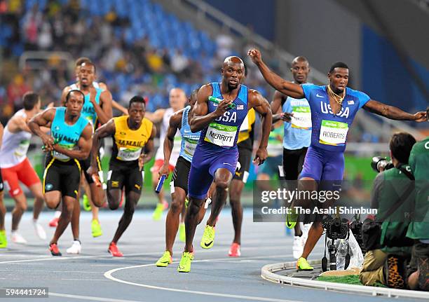 Fourth runner Lashawn Merritt of the United States competes in the Men's 4x400m Relay final on Day 15 of the Rio 2016 Olympic Games at the Olympic...