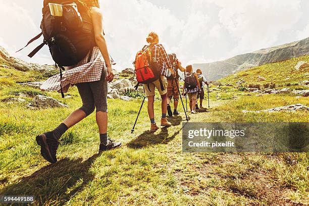 caminando en línea en la montaña - trekking fotografías e imágenes de stock