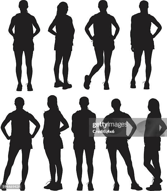female runner standing - brunette ponytail stock illustrations