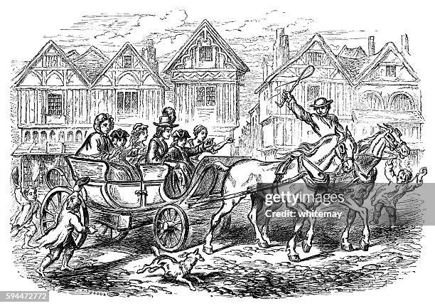 eighteenth century people in a horse drawn chaise - city cobblestone stock illustrations