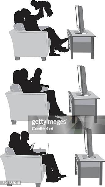 couple playing with their baby - couple couch stock illustrations
