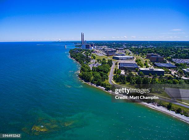 aerial of oswego harbor and lake ontario - lago ontario fotografías e imágenes de stock