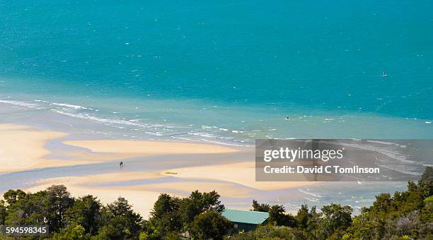 view over sandy bay from hillside, marahau - motueka stock pictures, royalty-free photos & images