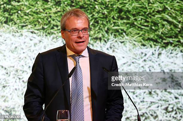 Peter Peters, vice president of the German Football League Association holds a speech during the German League Association meeting on August 24, 2016...