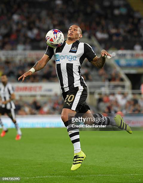 Newcastle player Yoan Gouffran in action during the EFL Cup Round Two match between Newcastle United and Cheltenham Town at St. James Park on August...
