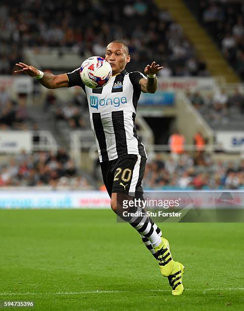 Newcastle player Yoan Gouffran in action during the EFL Cup Round Two match between Newcastle United and Cheltenham Town at St. James Park on August...
