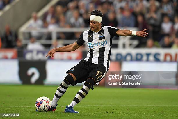 Newcastle goalscorer Ayoze Perez in action during the EFL Cup Round Two match between Newcastle United and Cheltenham Town at St. James Park on...