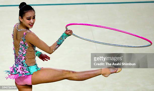 Son Yeon Jae of South Korea competes in hoop of the Individual All-Around final on Day 15 of the Rio 2016 Olympic Games at Rio Olympic Arena on...