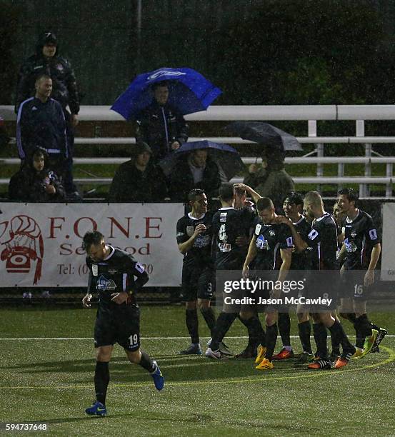 Blacktown players celebrate a goal during the round 16 FFA Cup match between Blacktown City and Bonnyrigg White Eagles at Lilys Football Stadium on...