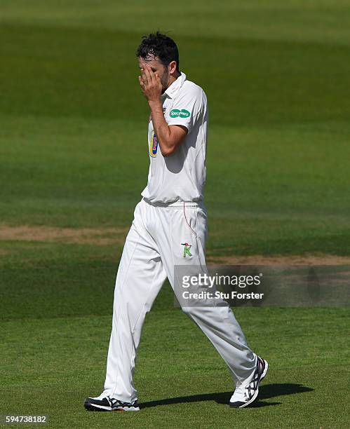 Durham bowler Graham Onions reacts after an lbw appeal is turned down during day two of the Specsavers County Championship Division One match between...