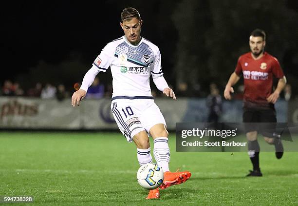 James Troisi of Melbourne Victory controls the ball during the FFA Cup Round of 16 match between Hume City and Melbourne Victory at ABD Stadium on...