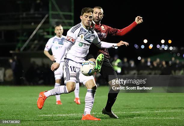 James Troisi of Melbourne Victory controls the ball during the FFA Cup Round of 16 match between Hume City and Melbourne Victory at ABD Stadium on...