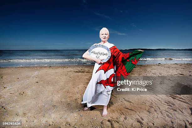 Fashion designer and campaigner Vivienne Westwood on Swansea beach with the Gower Peninsula behind, an area of outstanding natural beauty, under...