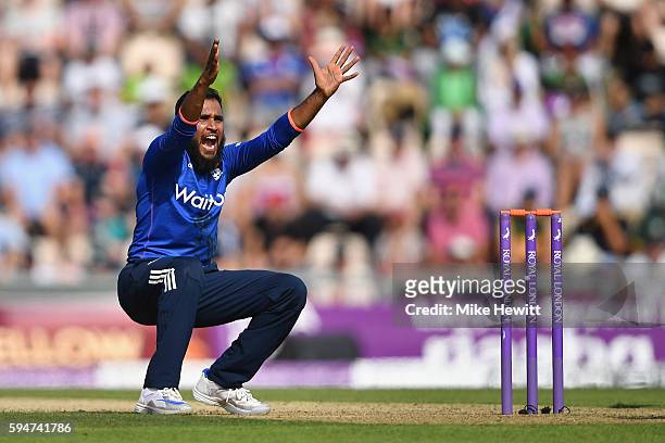 Adil Rashid of England appeals successfully for lbw against Babar Azam during the 1st One Day International between England and Pakistan at the Ageas...
