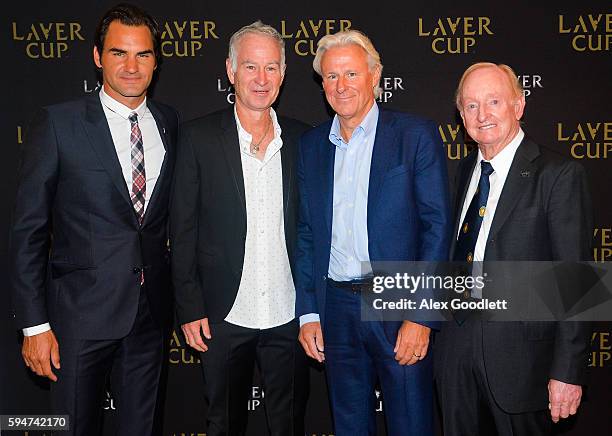Roger Federer, John McEnroe, Bjorn Borg and Rod Laver pose for a photo during a Laver Cup media announcement St Regis Hotel on August 24, 2016 in New...