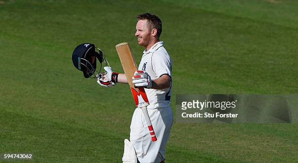 Warwickshire batsman Ian Westwood celebrates his century during day two of the Specsavers County Championship Division One match between Durham and...