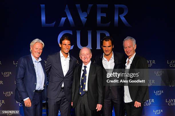 Bjrn Borg, Rafael Nadal, Rod Laver, Roger Federer and John McEnroe pose for a photo during a Laver Cup media announcement St Regis Hotel on August...