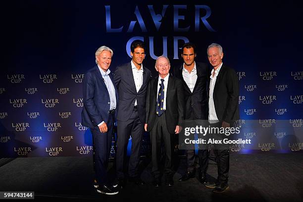 Bjrn Borg, Rafael Nadal, Rod Laver, Roger Federer and John McEnroe pose for a photo during a Laver Cup media announcement St Regis Hotel on August...