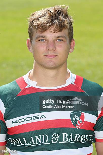 Will Evans poses for a portrait during the Leicester Tigers squad photo call for the 2016-2017 Aviva Premiership Rugby season on August 24, 2016 in...