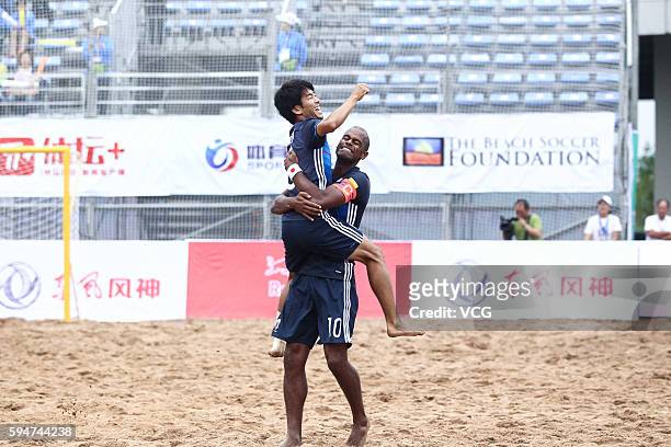 Ozu Moreira and Shotaro Haraguchi of Japan celebrate their goal during the Continental Beach Soccer Tournament match between Japan and Thailand at...