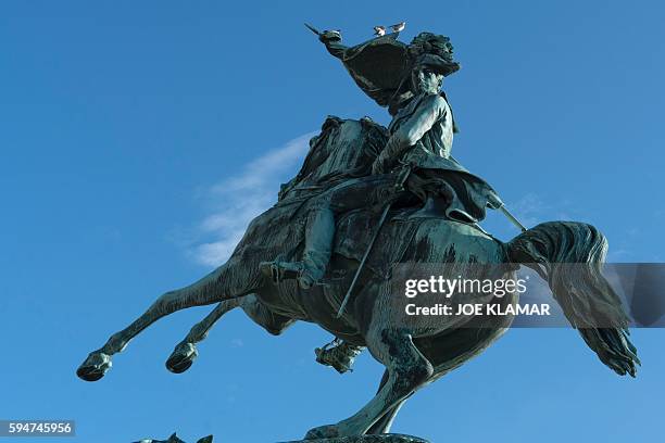 This picture taken on May 31, 2016 in Vienna shows a statue of Archduke Karl in front of the Hofburg Palace at Helden platz. Even a century after his...