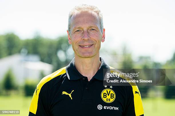 Dortmund's Rainer Schrey poses during the team presentation of Borussia Dortmund on August 17, 2016 in Dortmund, Germany.