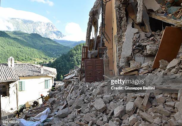 View of buildings damaged by the earthquake on August 24, 2016 in Arquata del Tronto, Italy. Central Italy was struck by a powerful, 6.2-magnitude...
