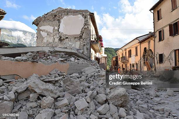 View of buildings damaged by the earthquake on August 24, 2016 in Arquata del Tronto, Italy. Central Italy was struck by a powerful, 6.2-magnitude...