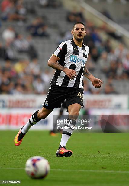 Newcastle player Aleksander Mitrovic in action during the EFL Cup Round Two match between Newcastle United and Cheltenham Town at St. James Park on...