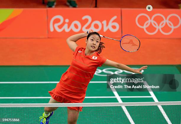 Nozomi Okuhara of Japan plays a shot during the Women's Badminton Singles Semi-final against Pusarla V Sindhu of India on Day 13 of the Rio 2016...