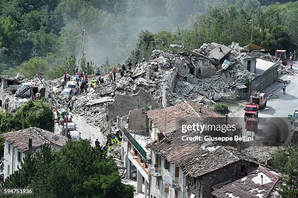 General view of Pescara del Tronto town destroyed by the earthquake on August 24, 2016 in Pescara del Tronto, Italy. Central Italy was struck by a...