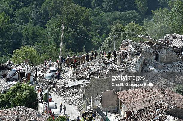 General view of Pescara del Tronto town destroyed by the earthquake on August 24, 2016 in Pescara del Tronto, Italy. Central Italy was struck by a...