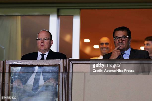 Prince Albert II of Monaco and Didier Quillot general manager of LFP during the UEFA Champions League game between As Monaco and Villarreal at Stade...