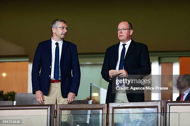 Dmitri Rybolovlev of Monaco and Prince Albert II of Monaco during the UEFA Champions League game between As Monaco and Villarreal at Stade Louis II...