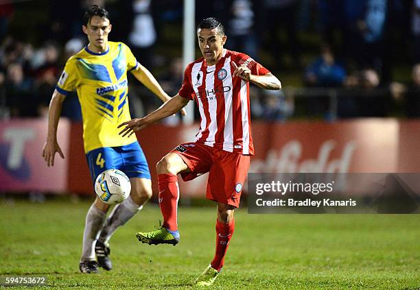 Tim Cahill of Melbourne City in action during the FFA Cup Round of 16 match between the Brisbane Strikers and Melbourne City FC at Perry Park on...