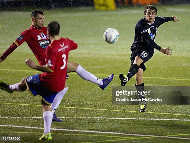 Connor Evans of Blacktown takes a shot at goal during the round 16 FFA Cup match between Blacktown City and Bonnyrigg White Eagles at Lilys Football...