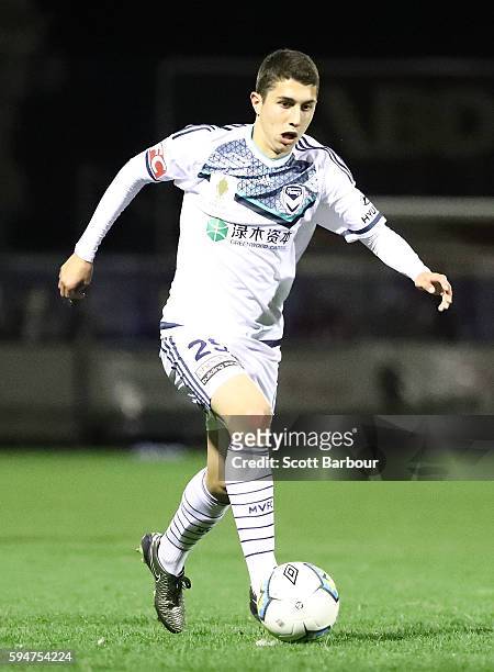 Sebastian Pasquali of Melbourne Victory controls the ball during the FFA Cup Round of 16 match between Hume City and Melbourne Victory at ABD Stadium...