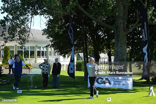 Professional Richard Green plays his tee shot at the 1st during the PGA Super 60s Tournament at Gleneagles on August 24, 2016 in Auchterarder,...