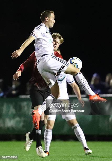 Alan Baro of Melbourne Victory controls the ball during the FFA Cup Round of 16 match between Hume City and Melbourne Victory at ABD Stadium on...