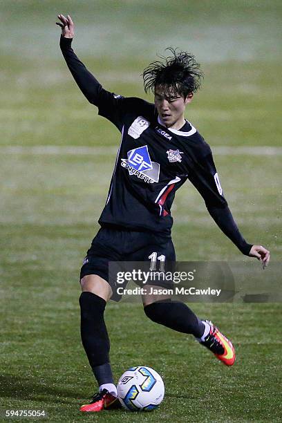 Danny Choi of Blacktown kicks the ball during the round 16 FFA Cup match between Blacktown City and Bonnyrigg White Eagles at Lilys Football Stadium...