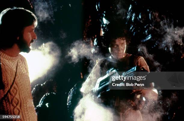 American actress Sygourney Weaver with director and screenwriter James Cameron on set of his movie Aliens.